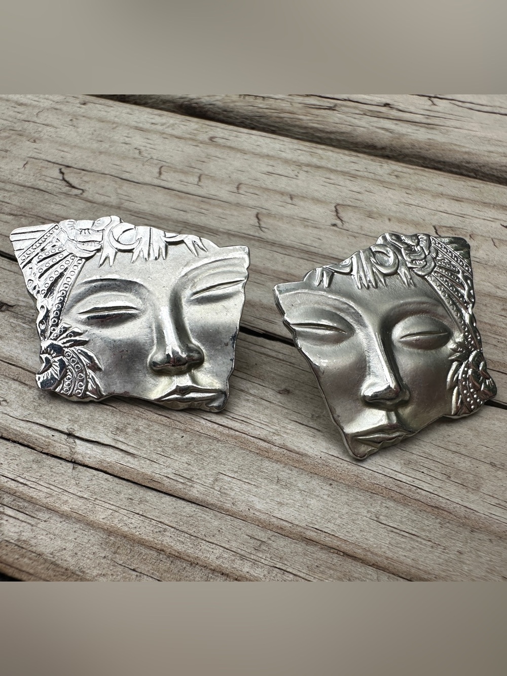 Vintage JJ Jonette “Artifacts” Silver-Toned Woman Face Post Earrings